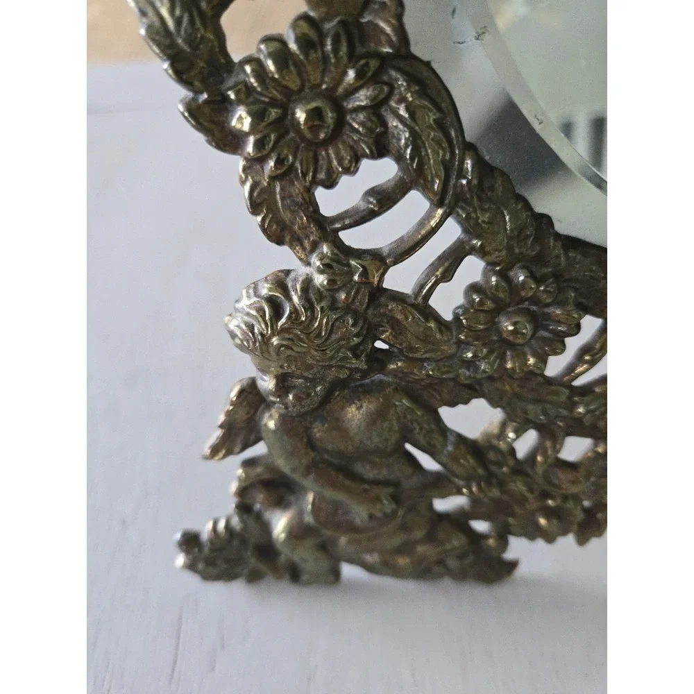 Vintage Mirror Cupids Angels  Round Cast Iron Frame Easel Back Brass Finish